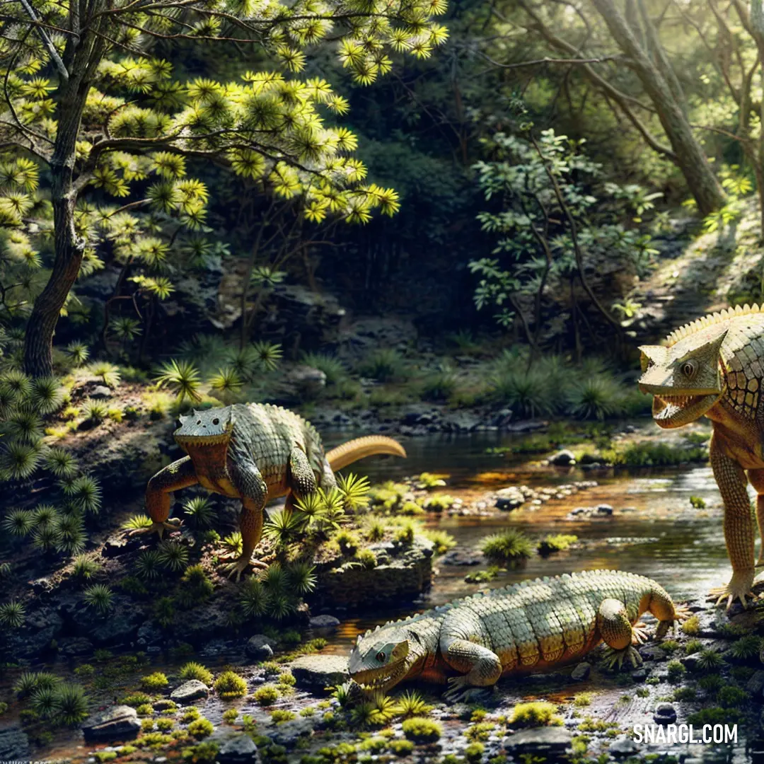 Group of dinosaurs walking through a forest next to a river of water and trees with green leaves on the ground