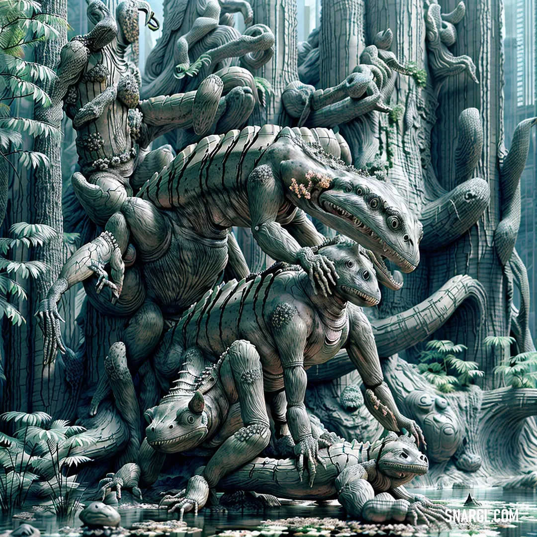 Group of dinosaurs in a forest with a man on top of them and a woman on the bottom of the picture