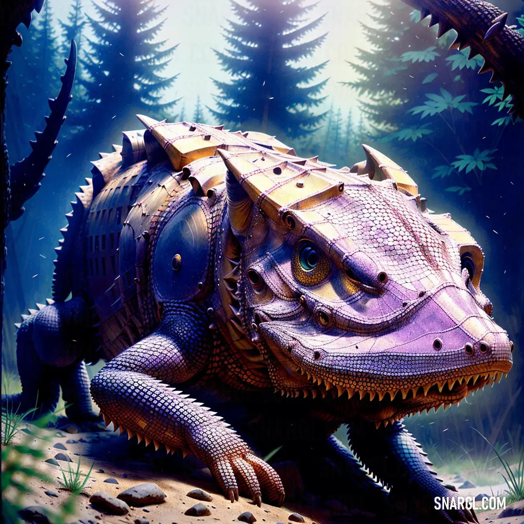 Large purple creature on top of a dirt ground next to a forest filled with trees and plants