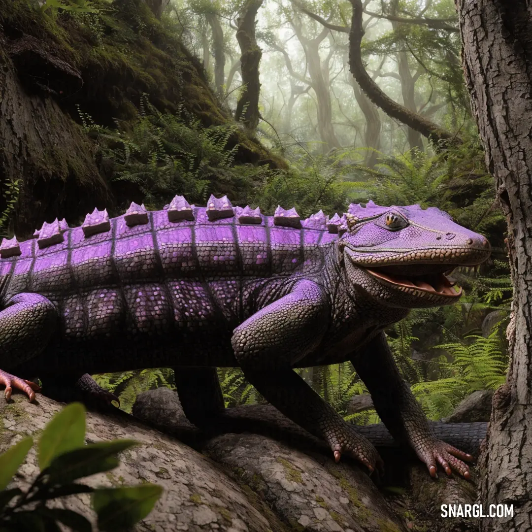 Purple alligator on a rock in a forest with trees and bushes in the background