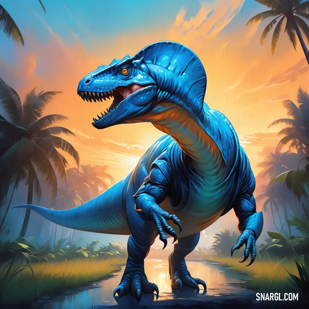 Blue Adeopapposaurus standing in a jungle setting with palm trees and a sunset in the background