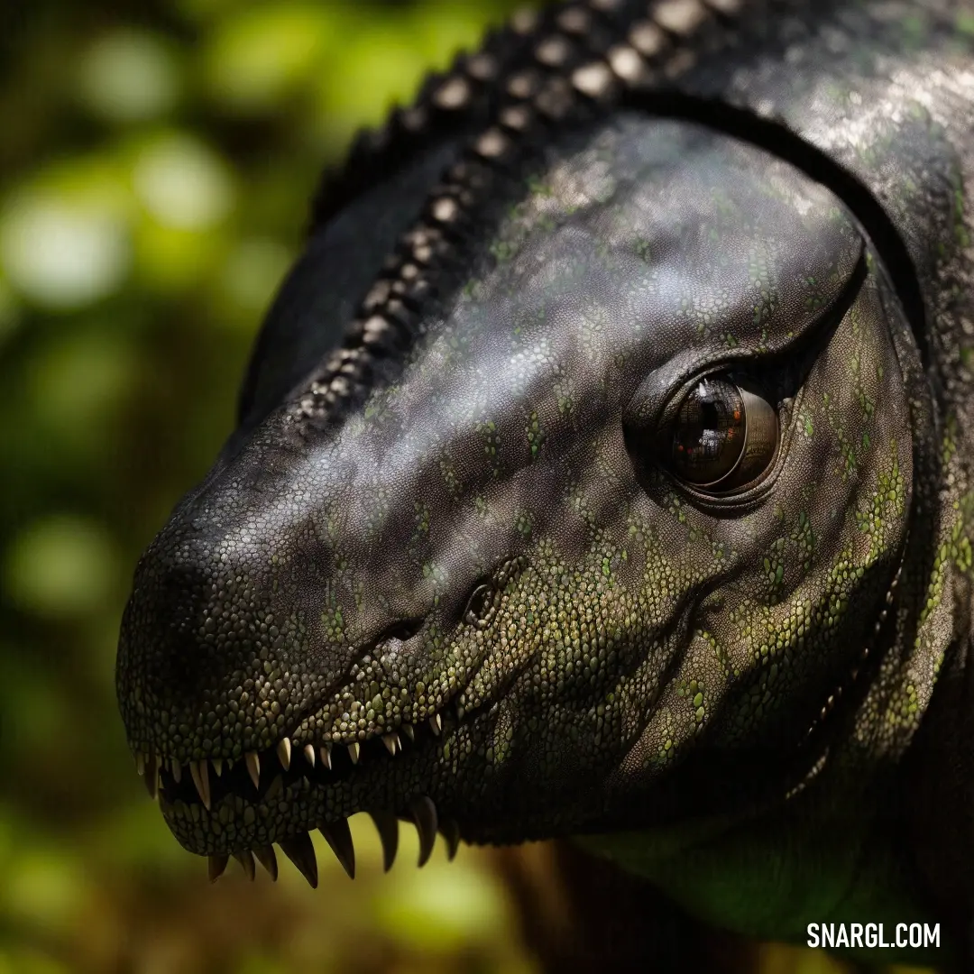 Close up of a dinosaur's head with a green background