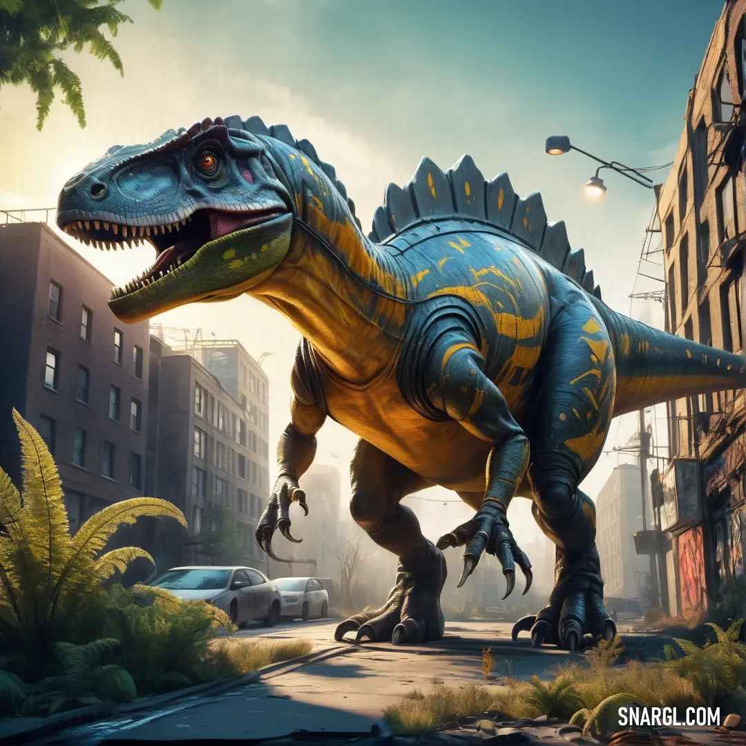 Adeopapposaurus in a city with a car in the background
