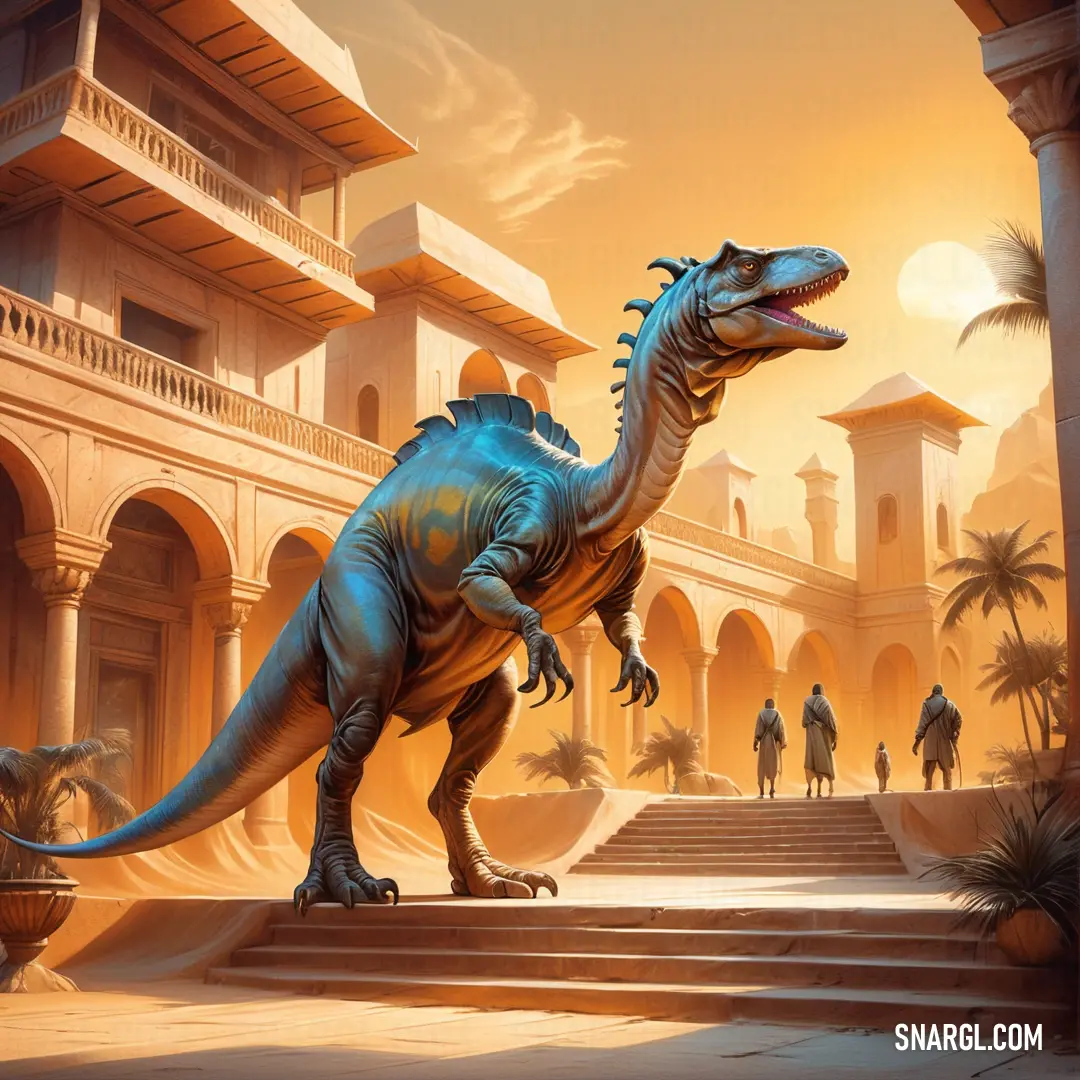 Adeopapposaurus in a desert setting with a man walking by it and a building in the background with palm trees