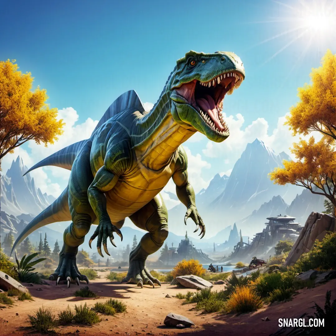 Adeopapposaurus in a desert with mountains in the background and trees in the foreground