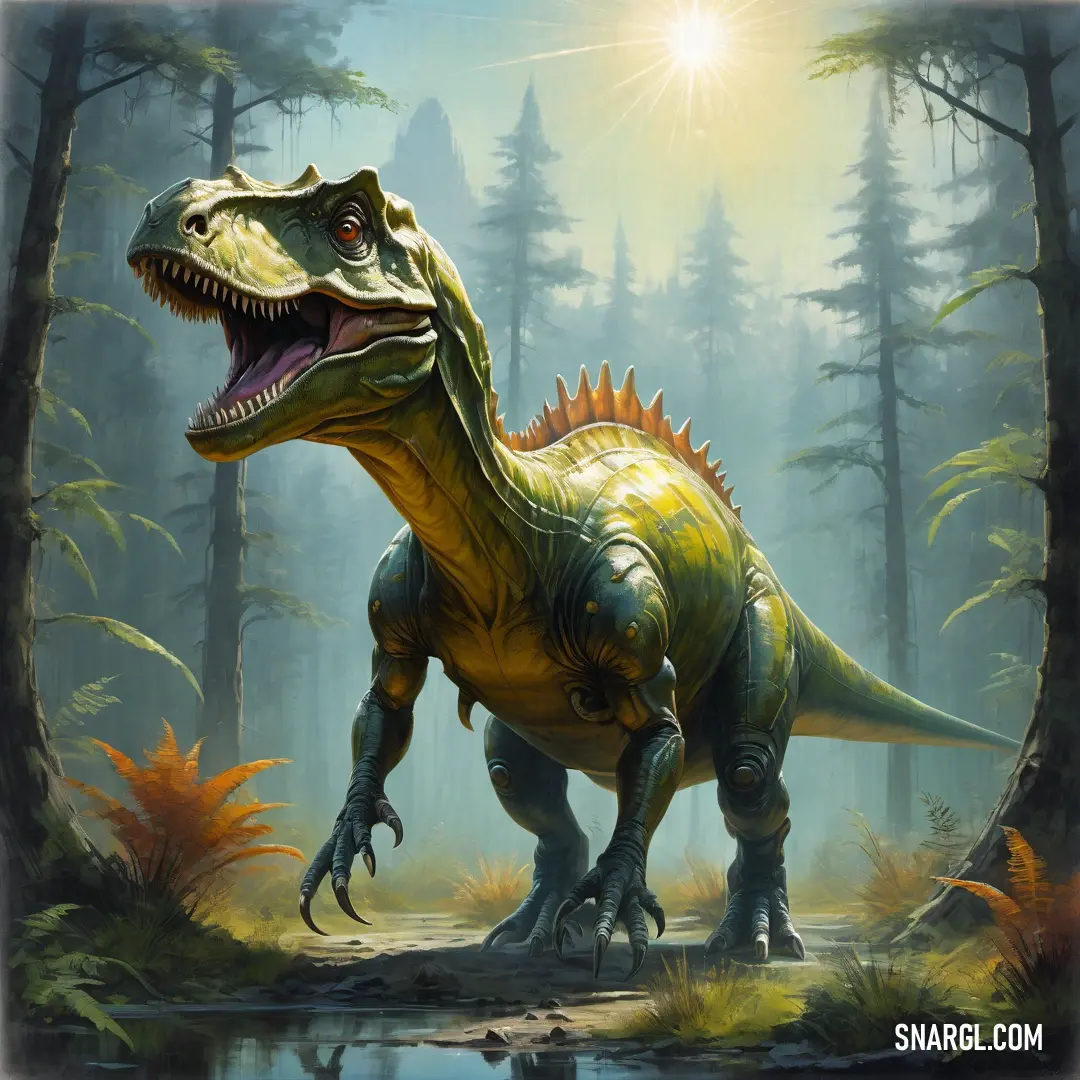 Adeopapposaurus in a forest with a pond and trees in the background