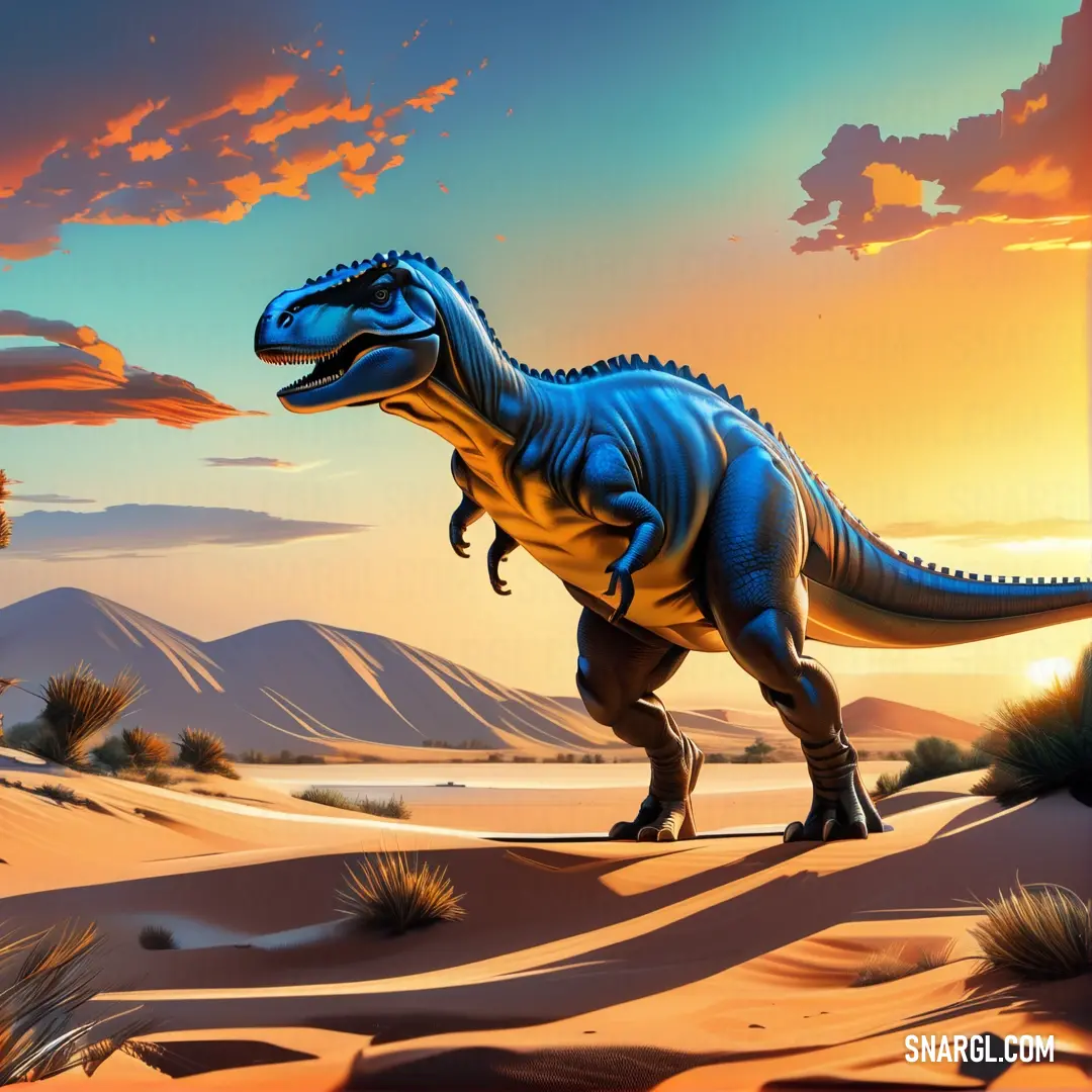 Adeopapposaurus in the desert with a sunset in the background and clouds in the sky above it