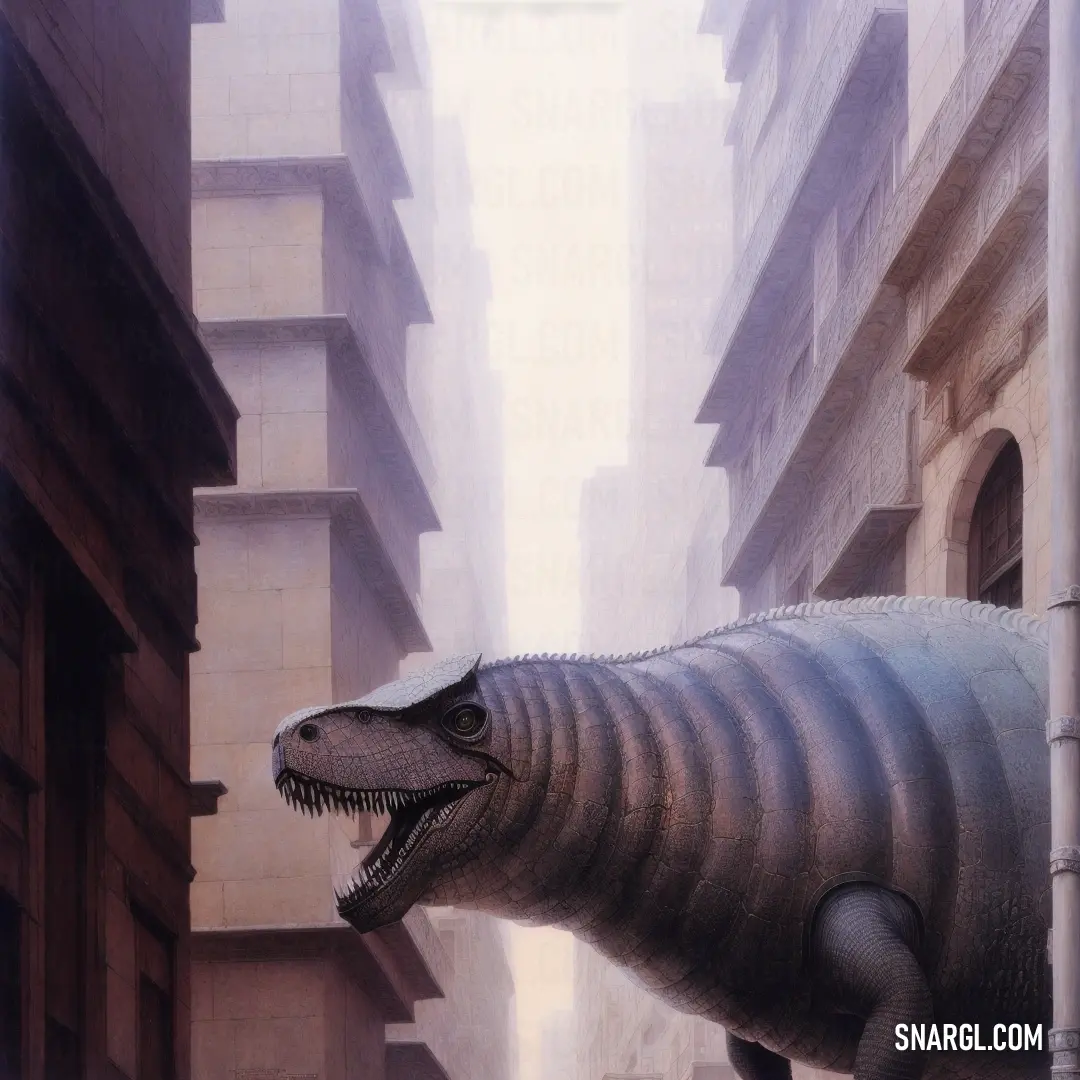 Dinosaur is standing in a narrow city street with buildings in the background and a large