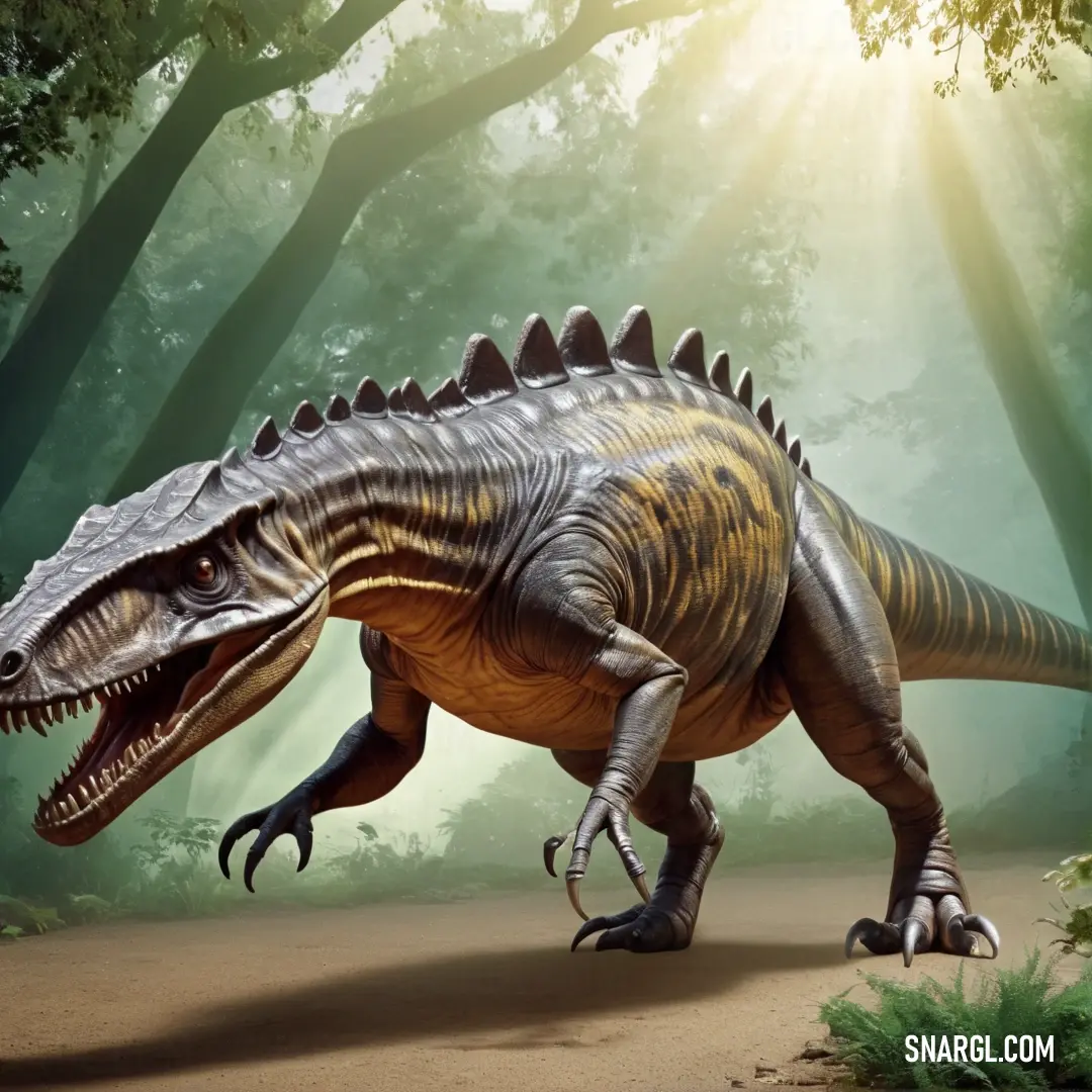 Adeopapposaurus is walking through a forest with trees and grass in the background