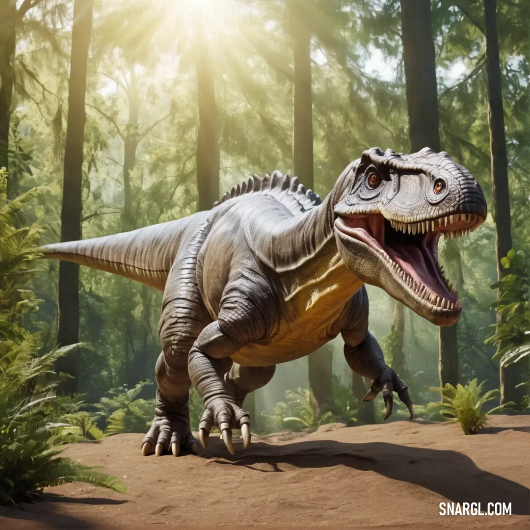 Adeopapposaurus is walking through the woods with its mouth open and it's teeth wide open