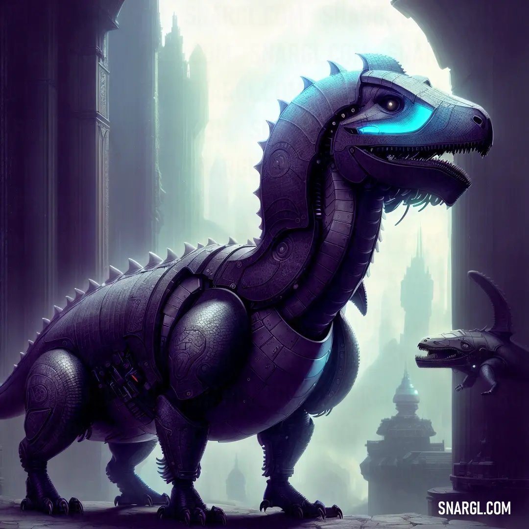 Large Adeopapposaurus standing in a city next to a building with a blue light on its face