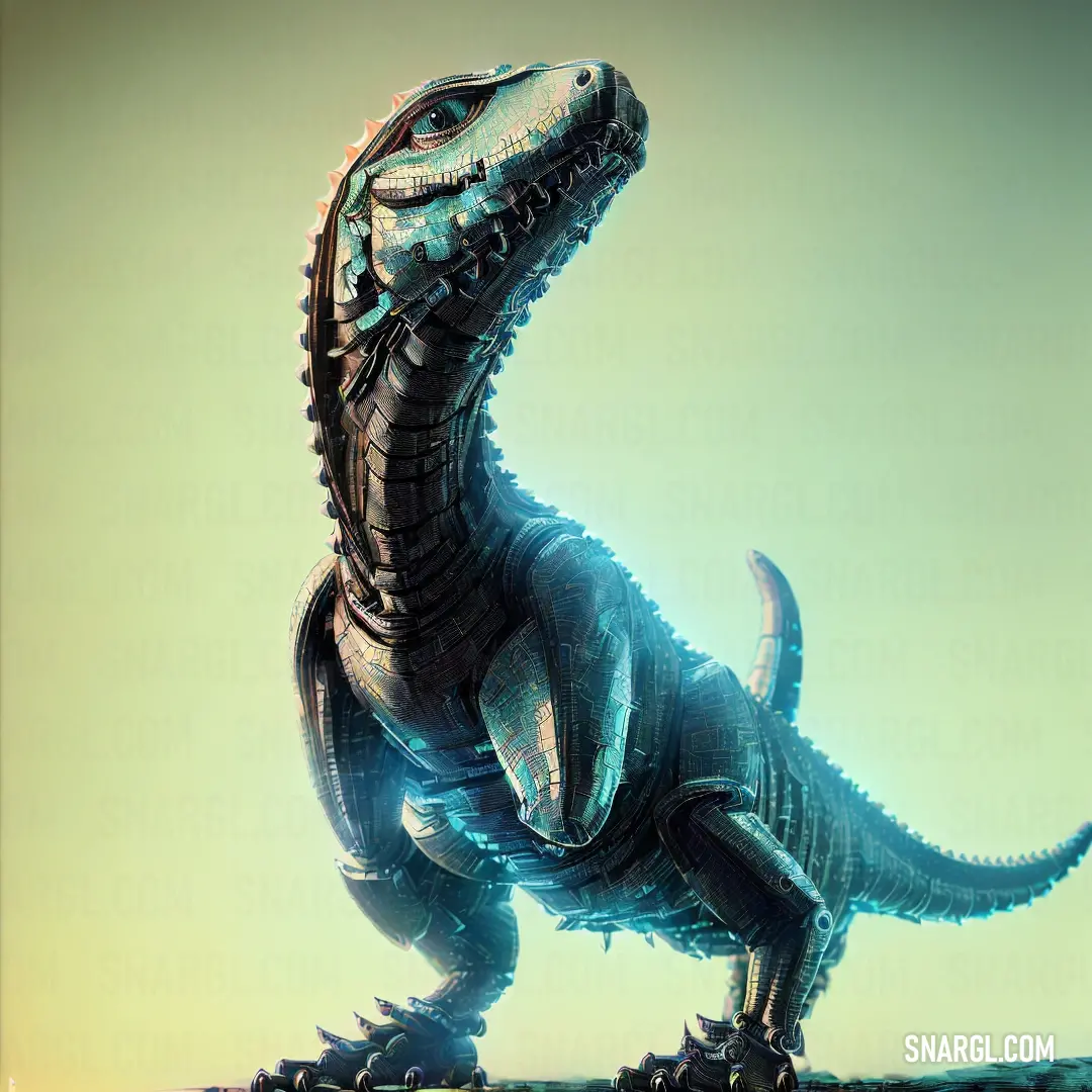 Large dinosaur standing on top of a rock formation in the sky with its mouth open