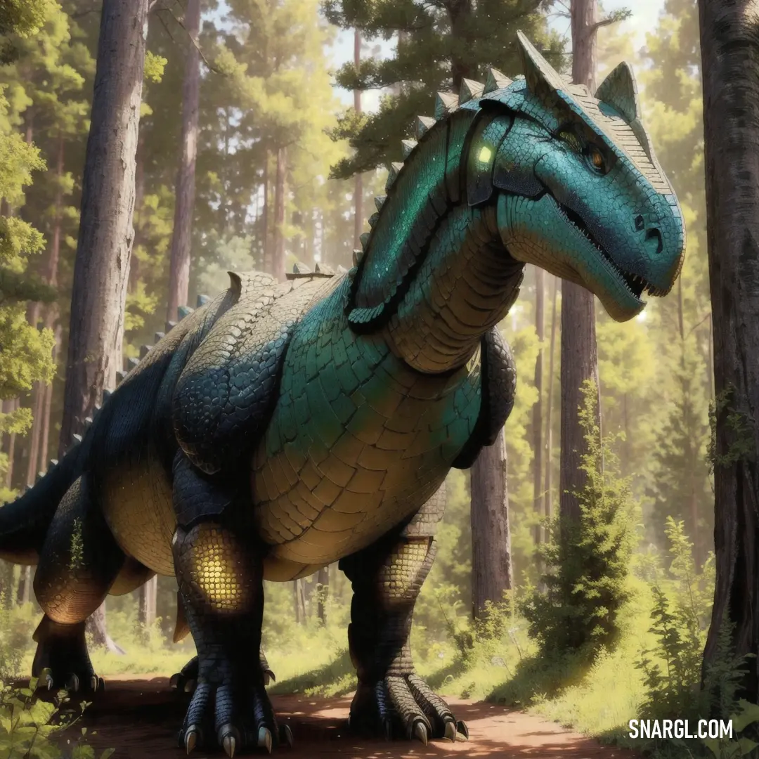 Large green and blue Adeopapposaurus in a forest with trees in the background and a light shining on its face