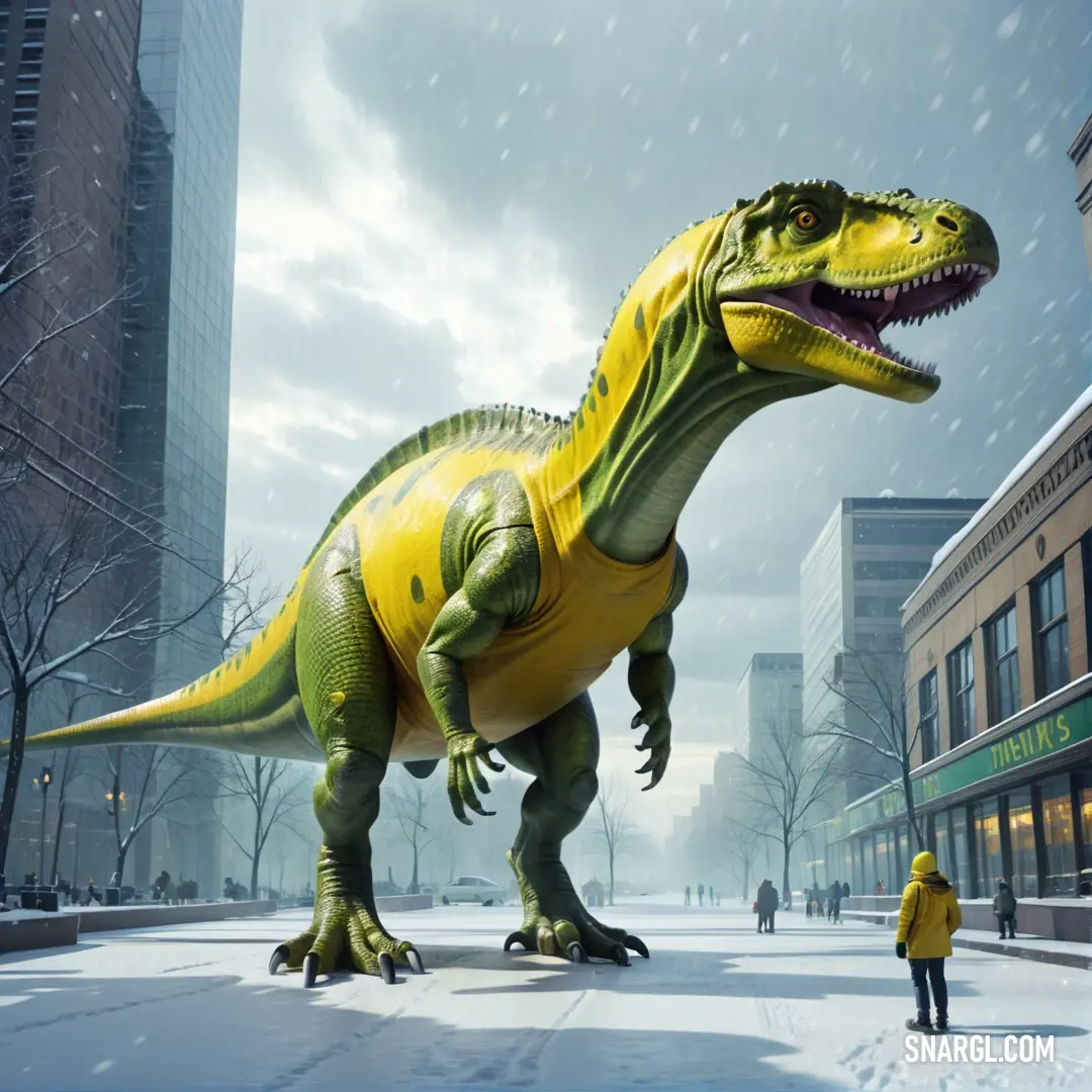 Man standing next to a large inflatable Adeopapposaurus in a city street with buildings and people walking