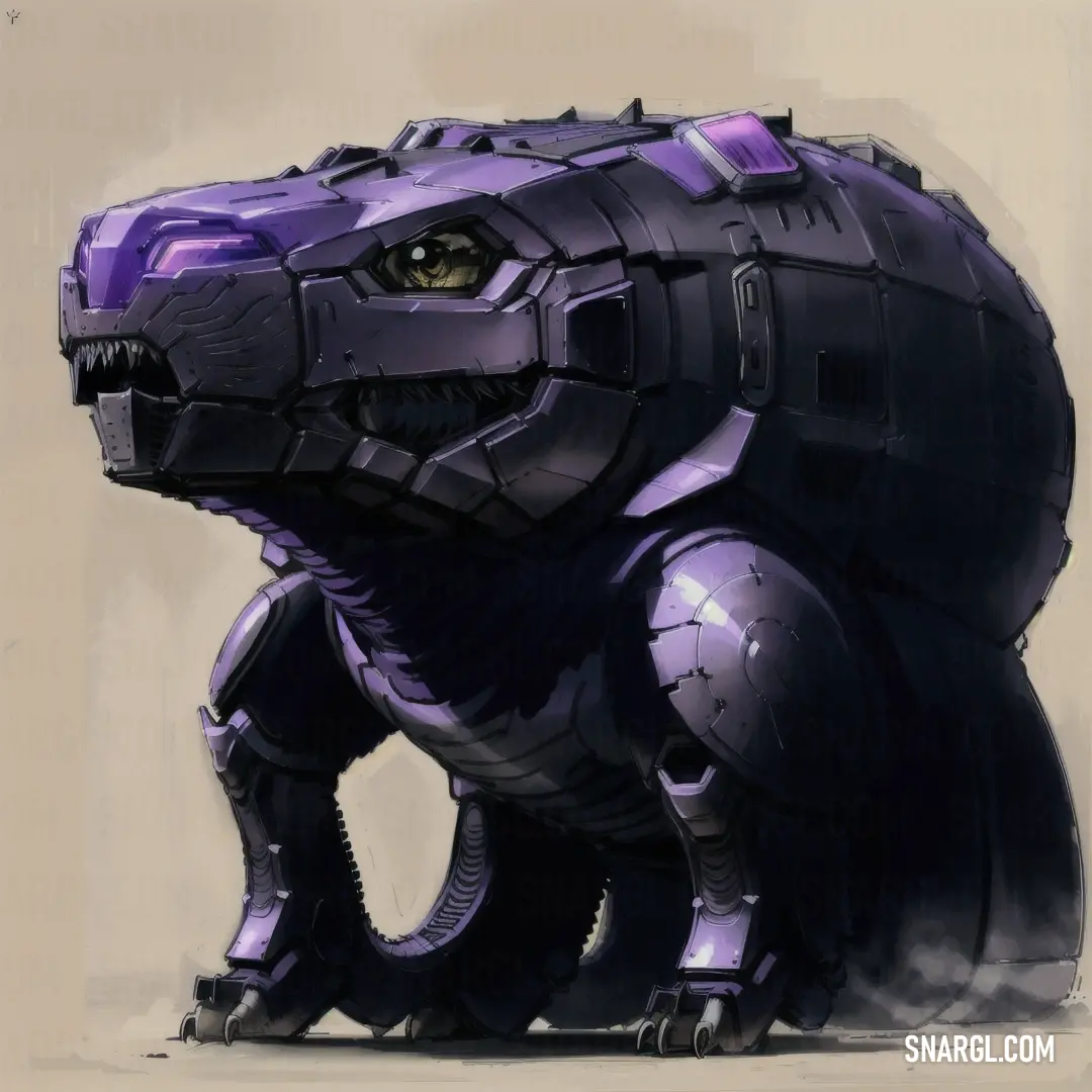 Purple creature with a large head and a large body of metal parts on it's body