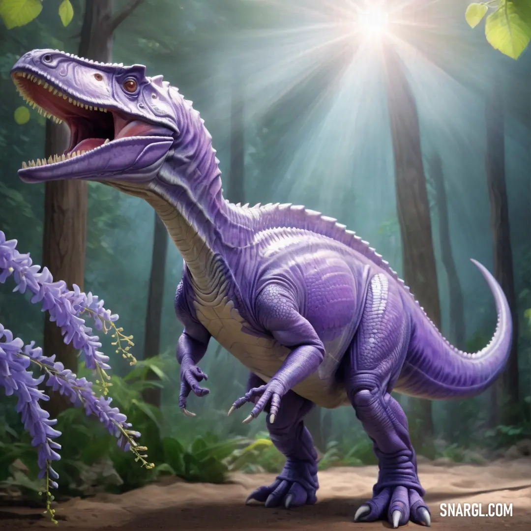 Purple Adeopapposaurus with its mouth open in the woods with a sunburst above it and a fern