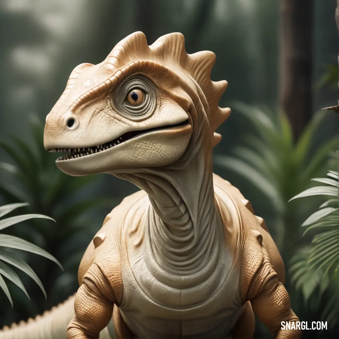 Toy Adeopapposaurus in a jungle setting with trees and plants in the background