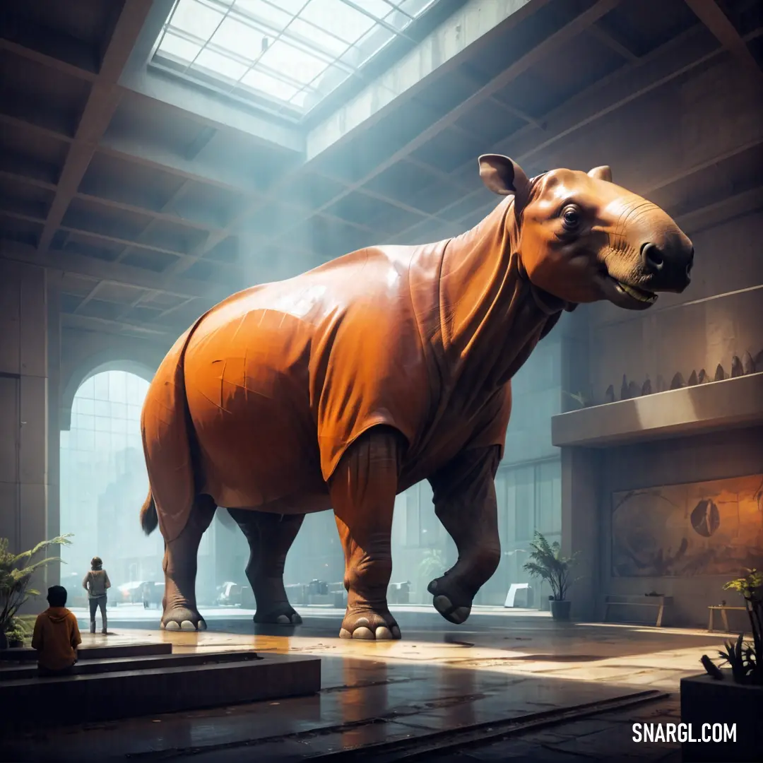 Large statue of a rhino in a building with people standing around it and a skylight above it