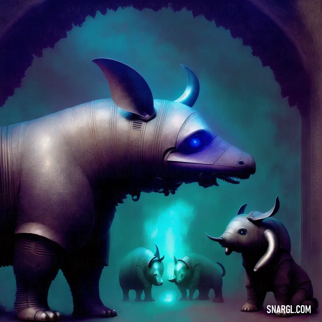 Painting of a rhino and rhinoceros in a cave with a light shining on them's face