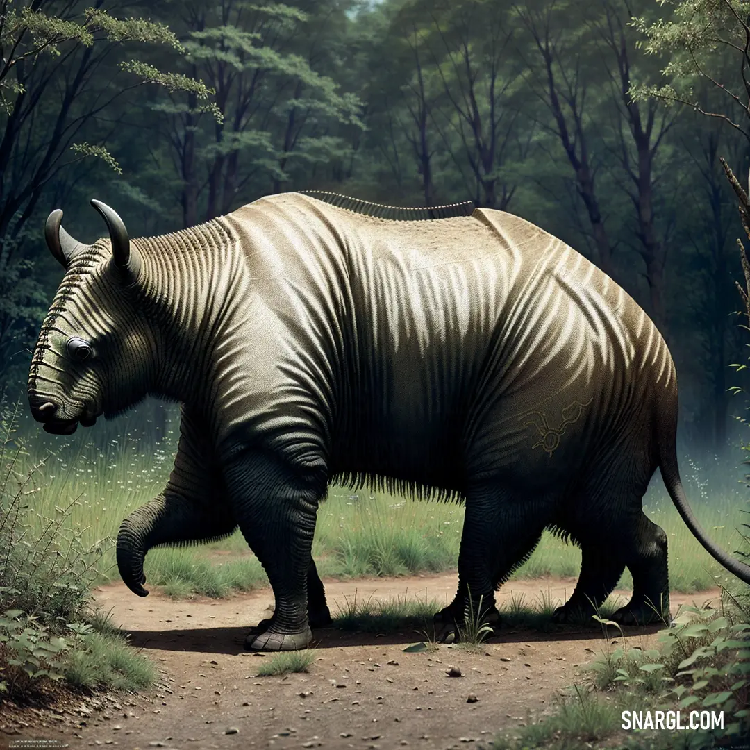Rhinoceros walking on a dirt path in a forest area with trees and grass in the background