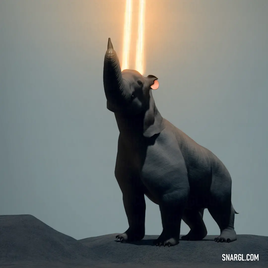Small elephant holding a light saber in its mouth with its trunk