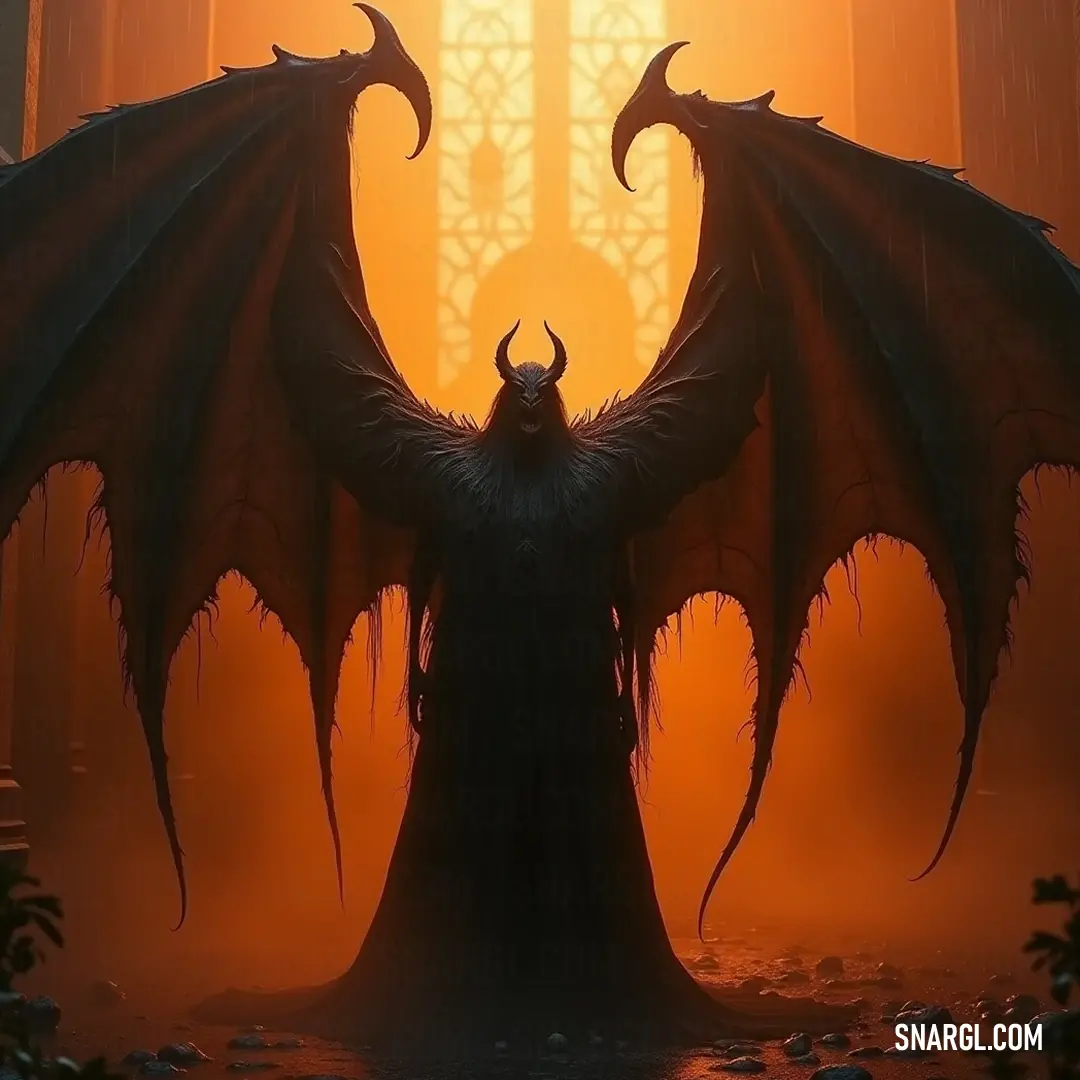 Demonic Adramelech with expansive wings before a shadowy window, a creature atop his back. Demonic Adramelech stands tall before a shadowy window, showcasing a magnificent figure draped in dark energy. With a creature perched on his back and wings unfurled, he embodies the duality of grace and terror, ready to reveal his nefarious intentions.
