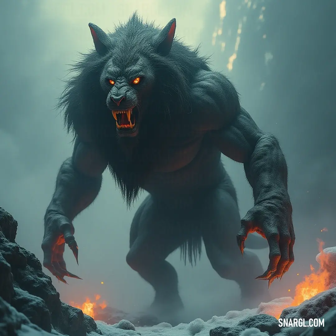 A colossal monster looms in a desolate snowy landscape, its luminous eyes glowing with an eerie light. The creature's body resembles that of Adramelech, creating an unsettling yet mesmerizing appearance amid the rugged terrain and rocky outcrops.