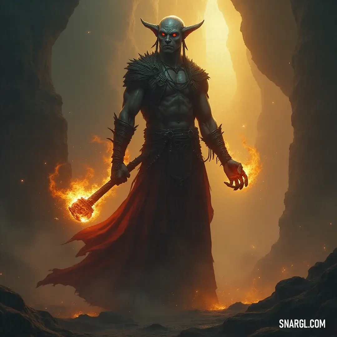 Aedon Soulflame, with a fierce gaze and a ball of fire in a cave, showcases his formidable presence. With intense focus, Aedon Soulflame channels fiery energy from a ball of flames in the depths of a dark cave. His horned face and imposing stature project an aura of both danger and command, as he embraces the power within.