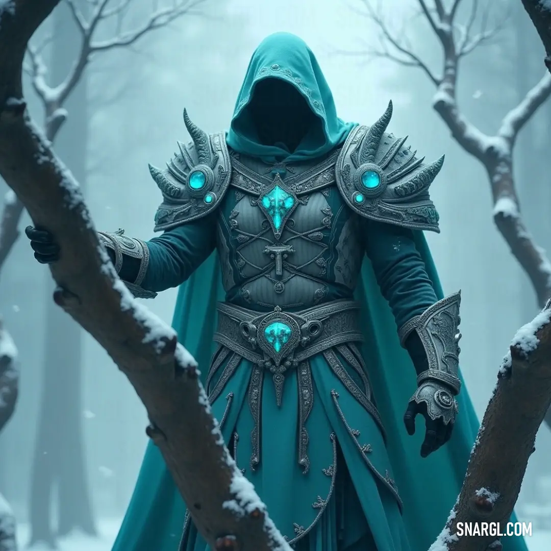 In a serene forest blanketed in snow, a hooded figure exudes a quiet mystique, perfectly harmonizing with the delicate beauty of the winter landscape filled with snow-laden trees. A mysterious figure cloaked in a snowy-hued hood stands amidst a tranquil forest, where branches heavy with snow weave a serene tapestry of white, echoing the beauty of winter.