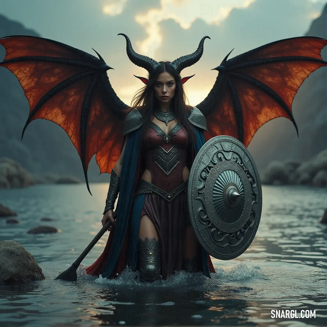 A warrior with dragon wings and a shield stands in the water, sword in hand, ready for whatever comes next. A warrior with dragon wings and a shield stands in water, holding a sword in one hand, gazing into the distance. The serene setting contrasts with her fierce, determined stance.