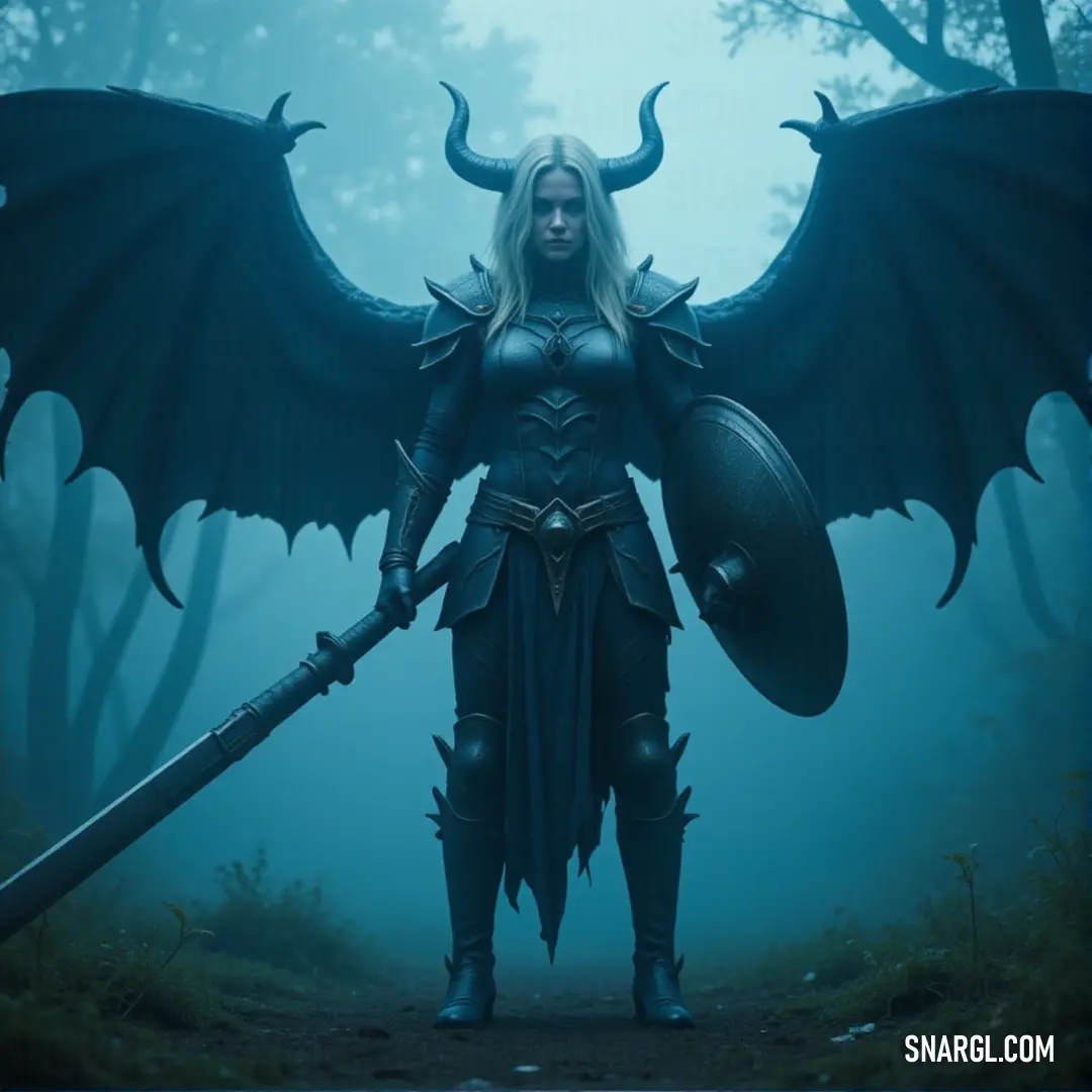 Aelia, with wings and sword in hand, stands strong in a forest, with a massive dragon body and wings looming in the background. Aelia stands proudly in a forest, sword raised, while dragon-like wings and a giant dragon body loom behind her. The mystical, nature-filled setting amplifies her powerful presence as a warrior destined for greatness.