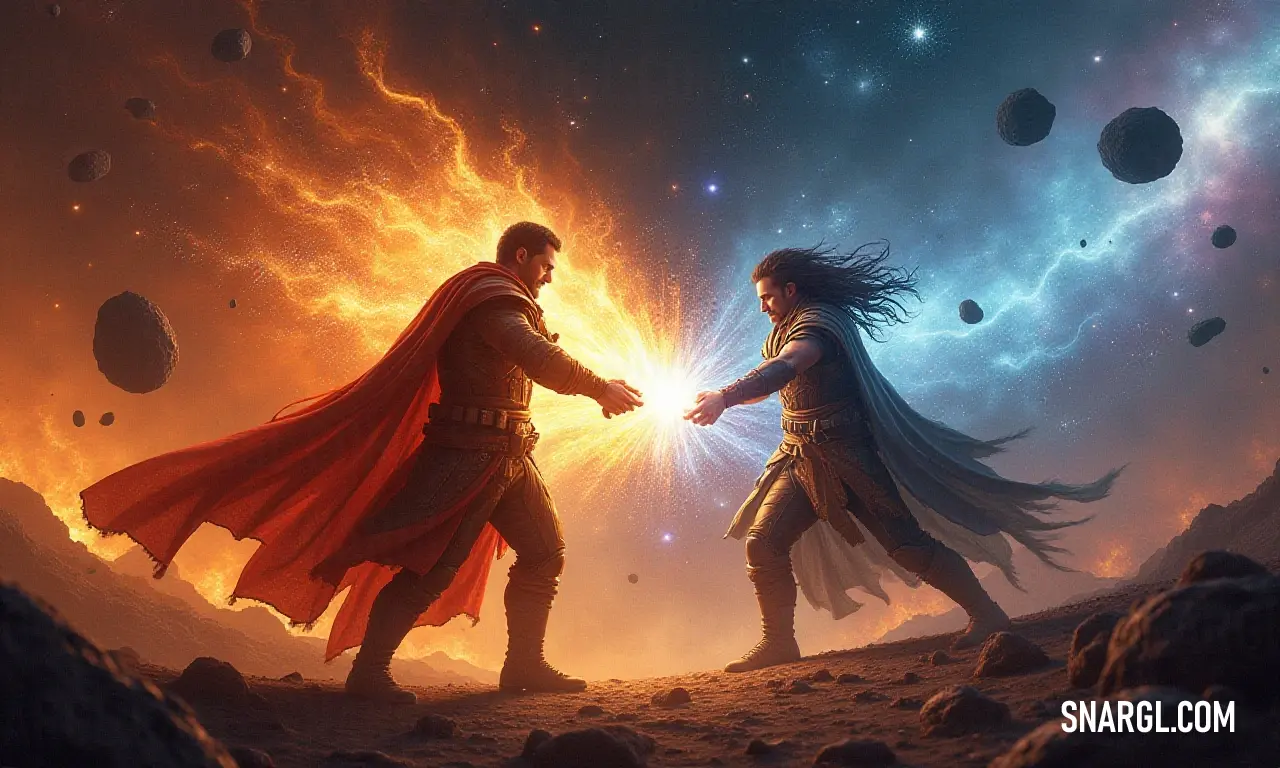 A touching moment between a man and Aeloria in a starry cosmic landscape, hands connecting. In a breathtaking cosmic scene, a man and Aeloria share an intimate moment, their hands gently touching as vibrant starlight swirls around them, symbolizing unity and connection.