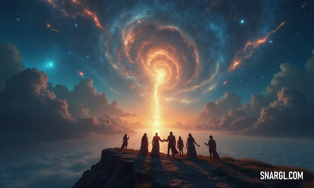 Adventurers gather on a hilltop to admire the star-studded sky, as clouds swirl in a celestial dance, creating a stunning backdrop for their journey into the unknown. A group of explorers stands atop a scenic hill, gazing in awe at a mesmerizing sky sprinkled with stars, framed by a captivating spiral of iridescent clouds.