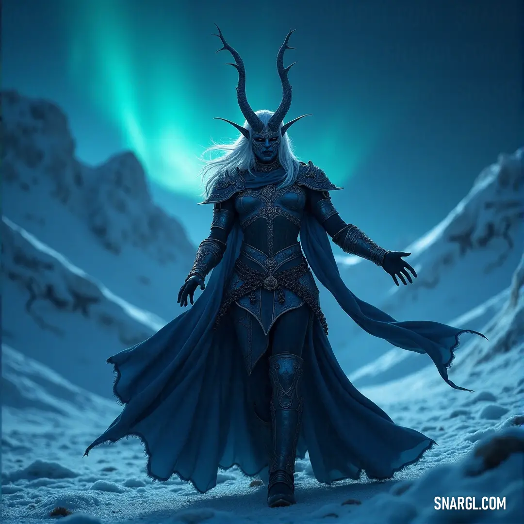 Aelrath Nightglow stands with her arms outstretched in the deep snow, her blue attire shimmering against the frosty landscape, while her horns seem to catch the light of the winter sky, creating a striking contrast with the cold surroundings.