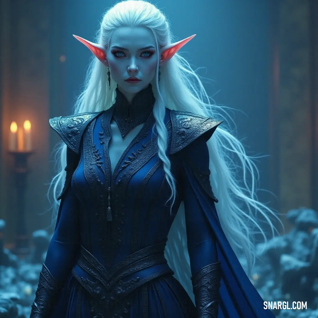 Radiating beauty, a character adorned in a flowing blue dress possesses ethereal white hair and elegant horns. The delicate features complement the enchanting gown, creating an aura rich with secrets and allure amidst a fantastical realm.