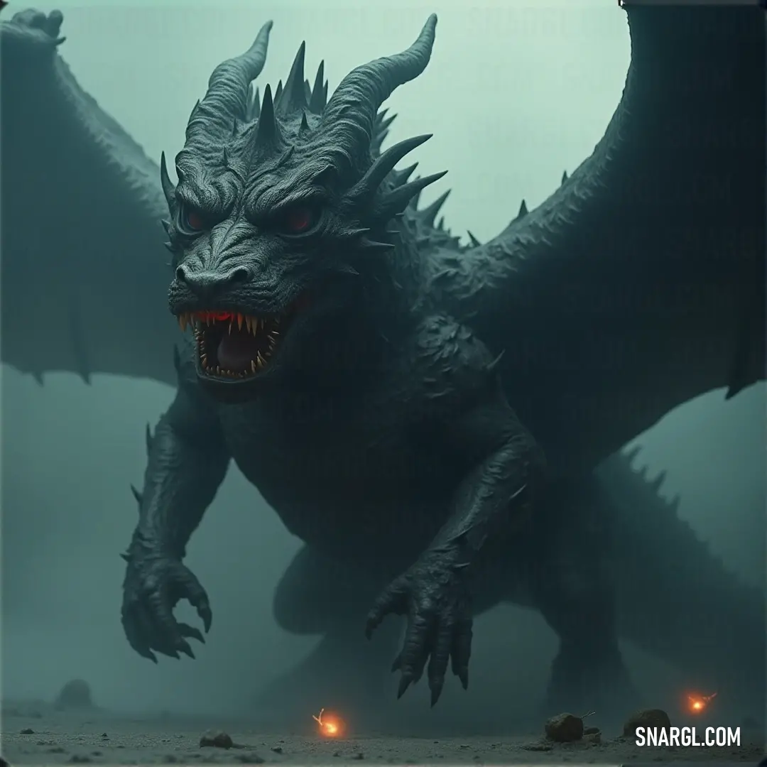 Giant Godzilla with glowing eyes and sharp teeth stands in a foggy environment, its menacing mouth wide open, exuding raw power. A massive Godzilla towers over the foggy landscape, its sharp, menacing teeth visible beneath glowing eyes. The creature's open mouth shows its terrifying power, surrounded by an eerie mist that adds to its ominous presence.
