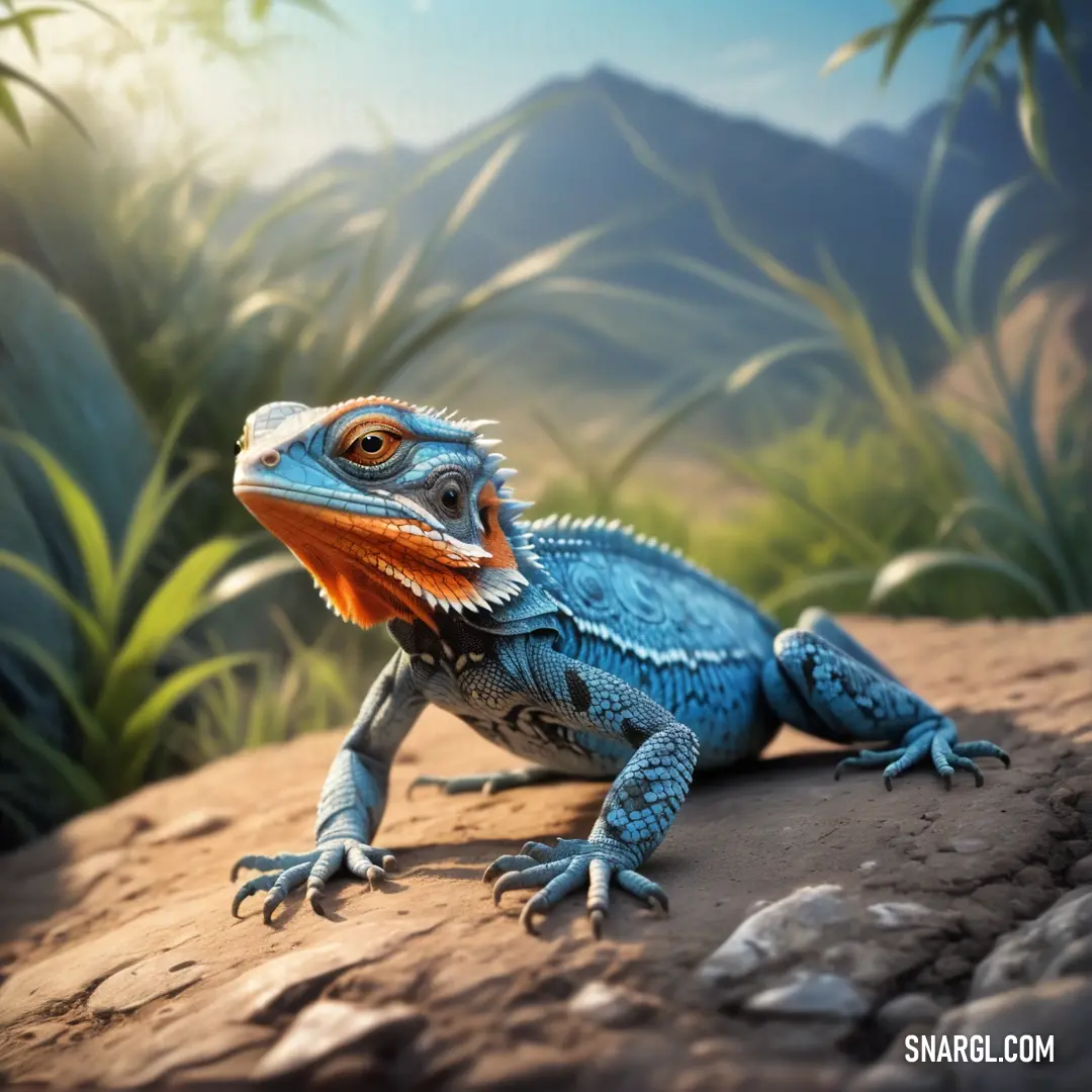 Blue lizard with orange eyes on a rock in the jungle with mountains in the background
