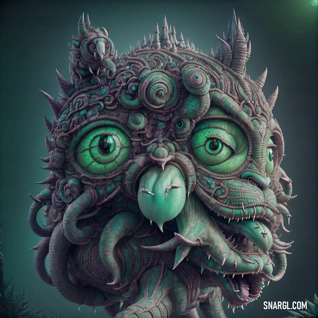 Green creature with large eyes and a strange head with spikes on it's head