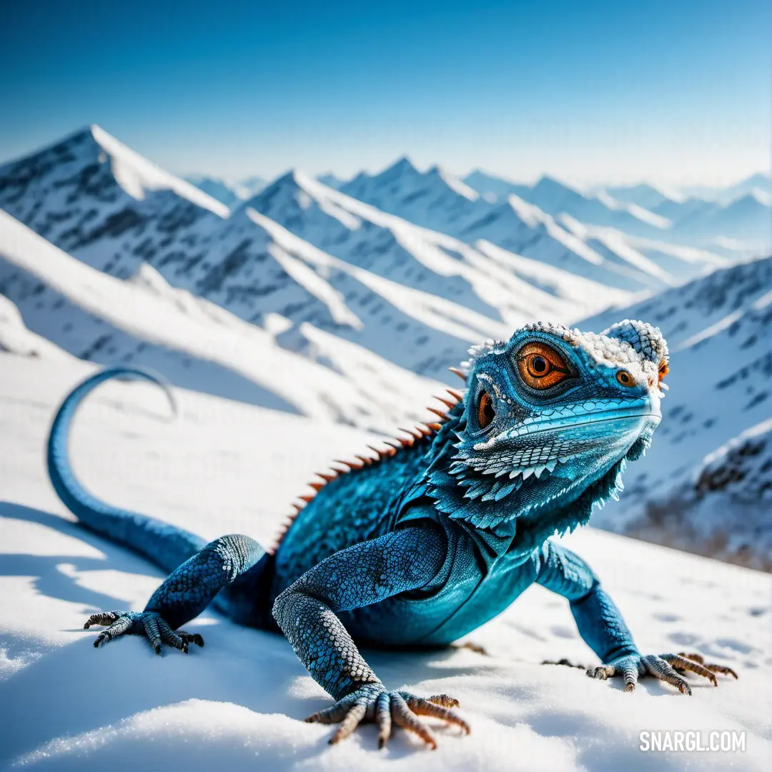 Lizard is in the snow on a mountain side with mountains in the background