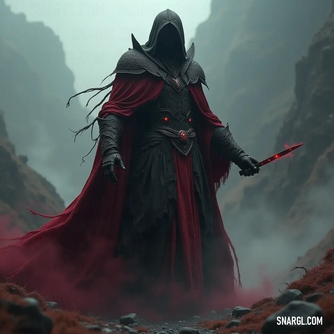 Agamemnon stands in the fog, sword drawn and cape billowing, surrounded by the mystic, foggy mountains and looming rocks, his gaze unwavering. Agamemnon, draped in a red cape and black cloak, stands firm on rocky ground in a foggy mountain range. He grips a sword tightly in one hand, ready for battle, as mist swirls around him, obscuring the dark peaks behind.