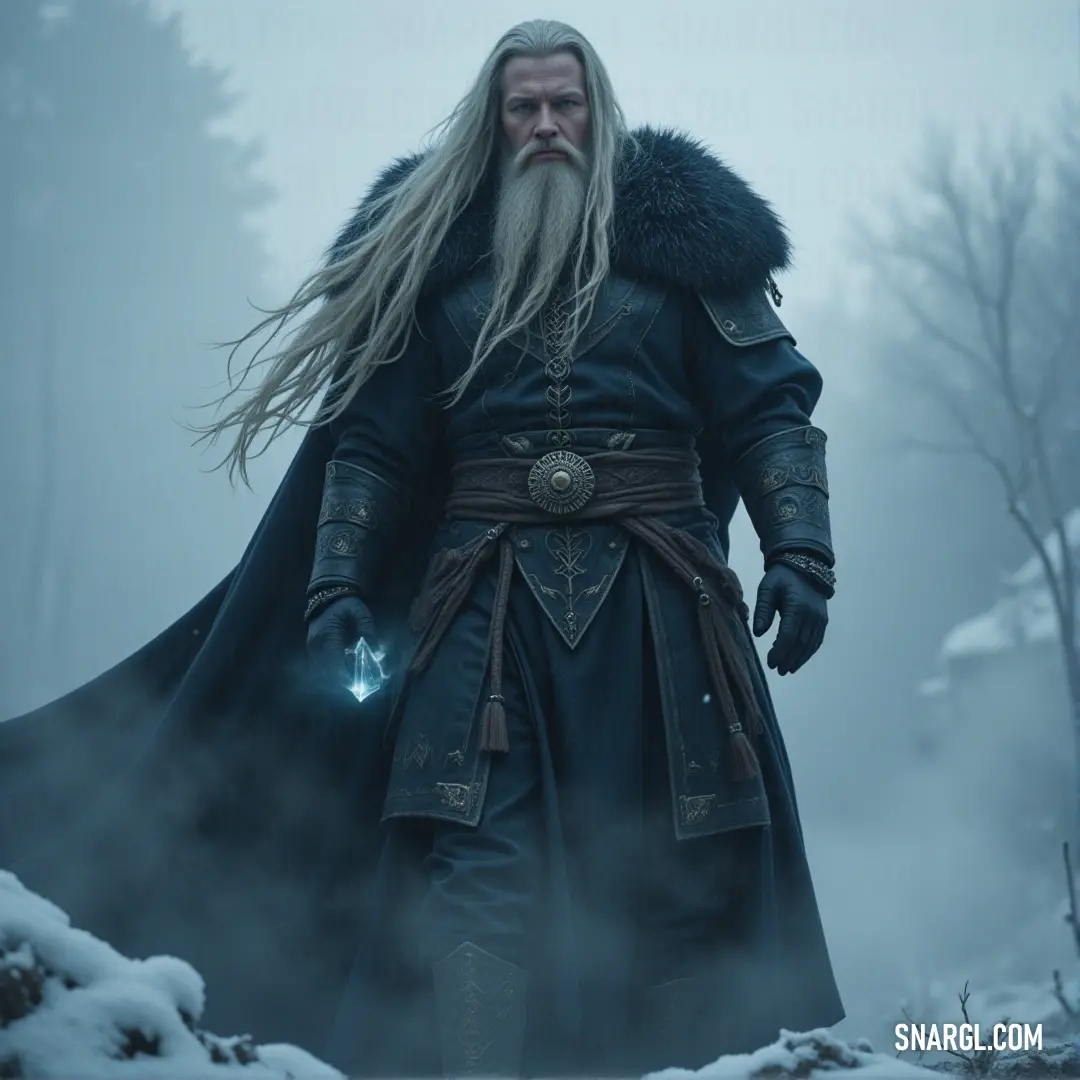 A powerful figure with long hair and a beard, dressed in black with a fur collar, exudes authority and strength, standing against a rugged backdrop. A regal figure, with long flowing hair and a thick beard, dons a dark outfit adorned with a fur collar. His commanding presence stands out against the harsh backdrop, embodying strength and determination.