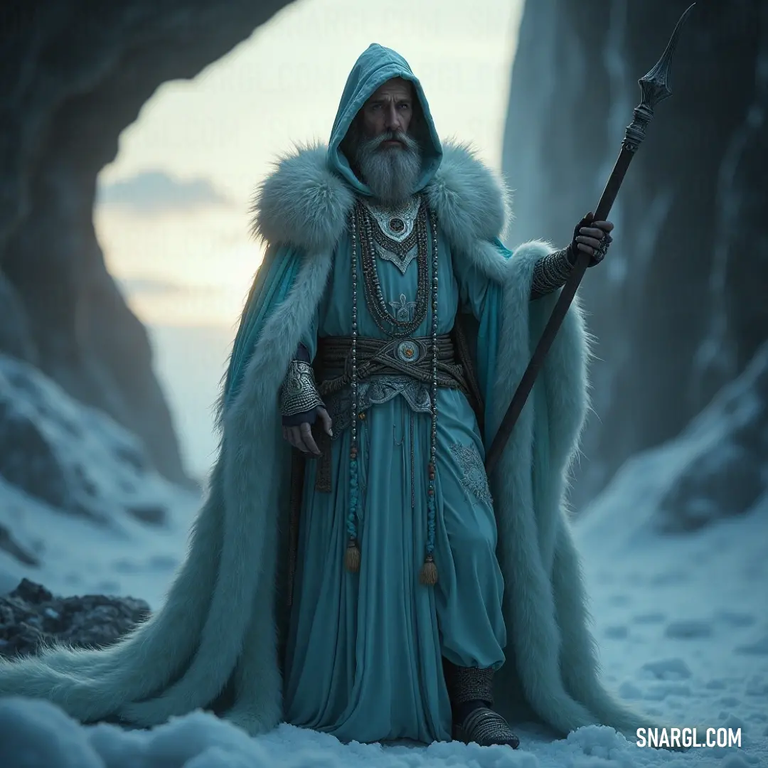 A hero in blue, standing amidst snow, holding a staff, exuding strength and mystery in a frosty world. A figure resembling an ancient hero, garbed in a striking blue outfit, with a flowing beard, stands tall amidst a snowy landscape, gripping a powerful staff. The scene is enveloped by the chill of winter, evoking a sense of strength and timelessness.