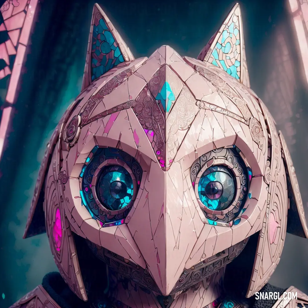 Close up of a cat made of paper with a blue light on it's eyes and a pink background