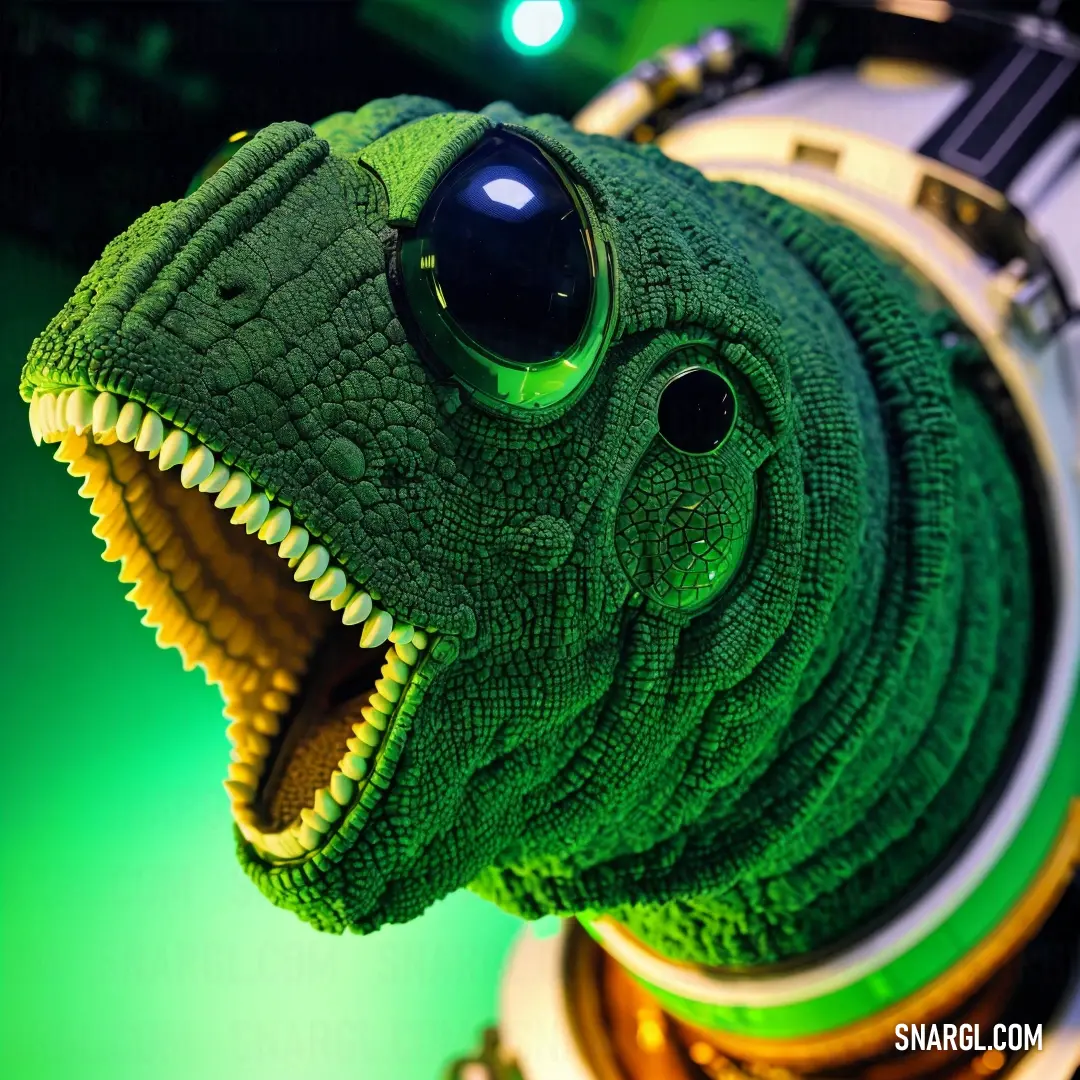 Close up of a toy dinosaur with a big eyeball on it's head and a green background