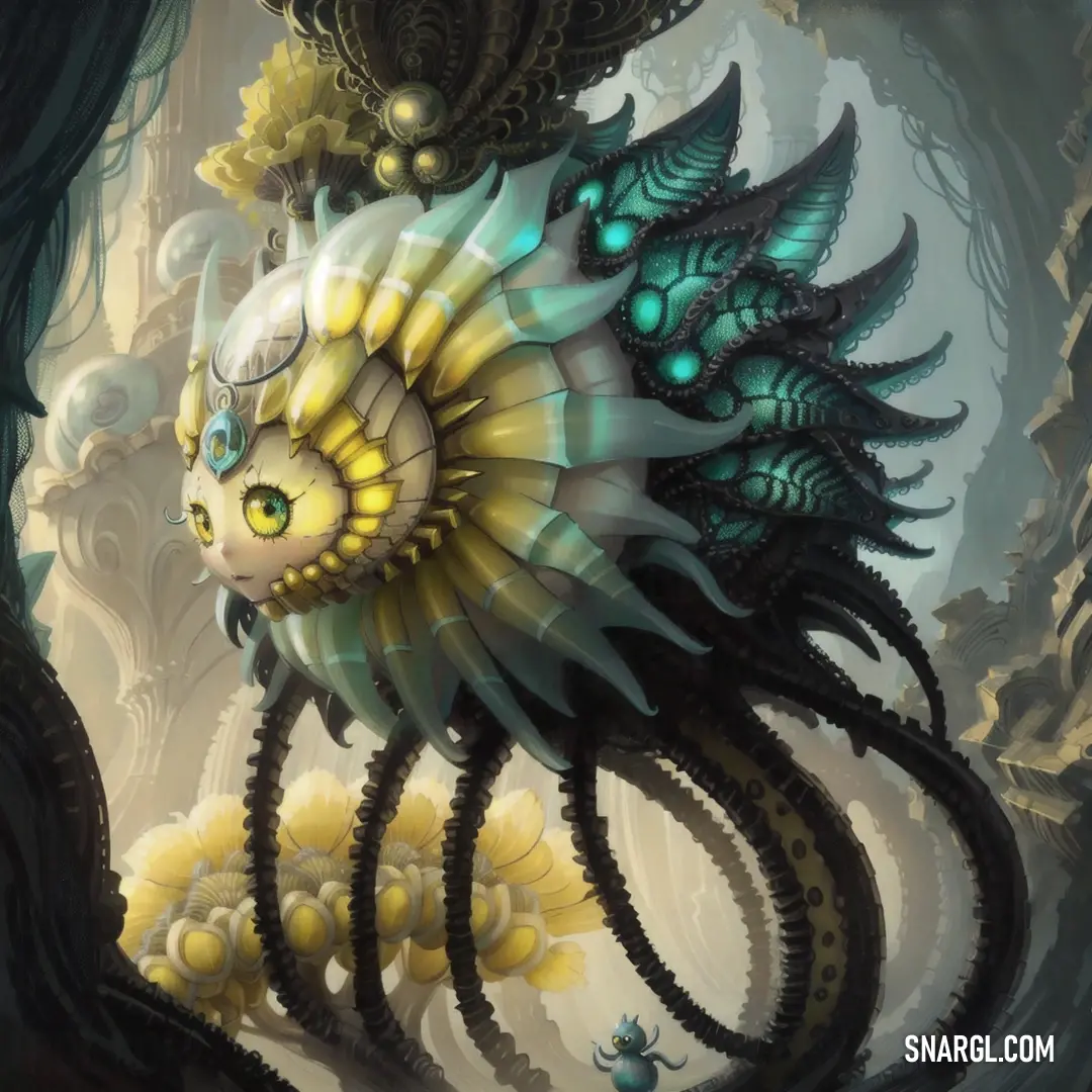 Painting of a creature with a large head and large wings on it's back