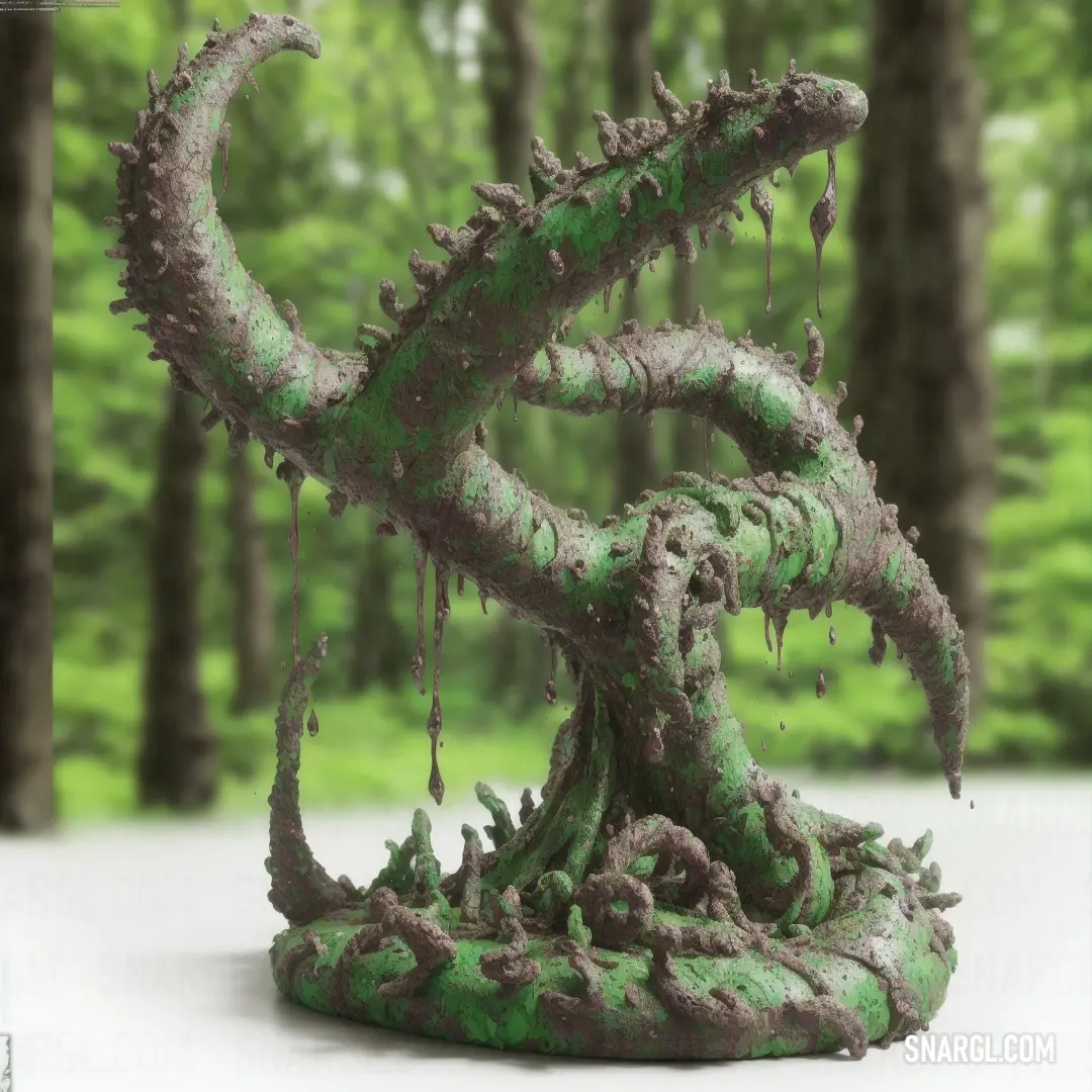 Sculpture of a tree with moss growing on it's branches in a forest with trees in the background
