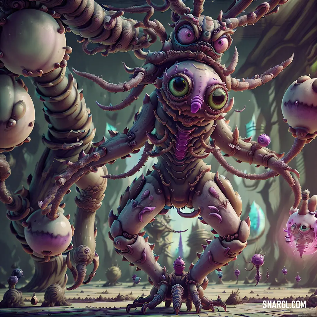 Strange creature with large eyes and a strange body surrounded by smaller creatures in a futuristic environment with a huge amount of bubbles