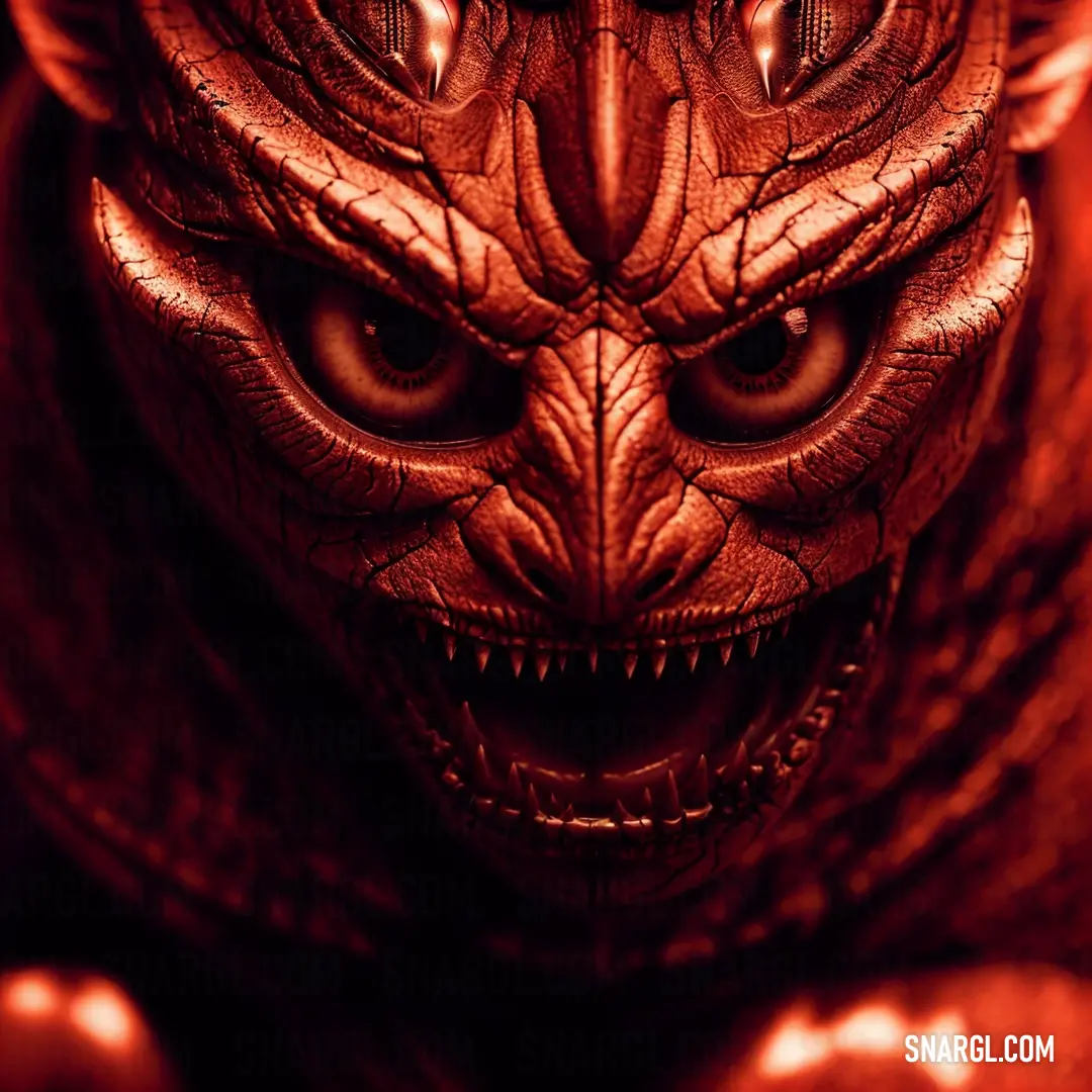 Demonic looking creature with big eyes and a demon like head is shown in this image with red lighting