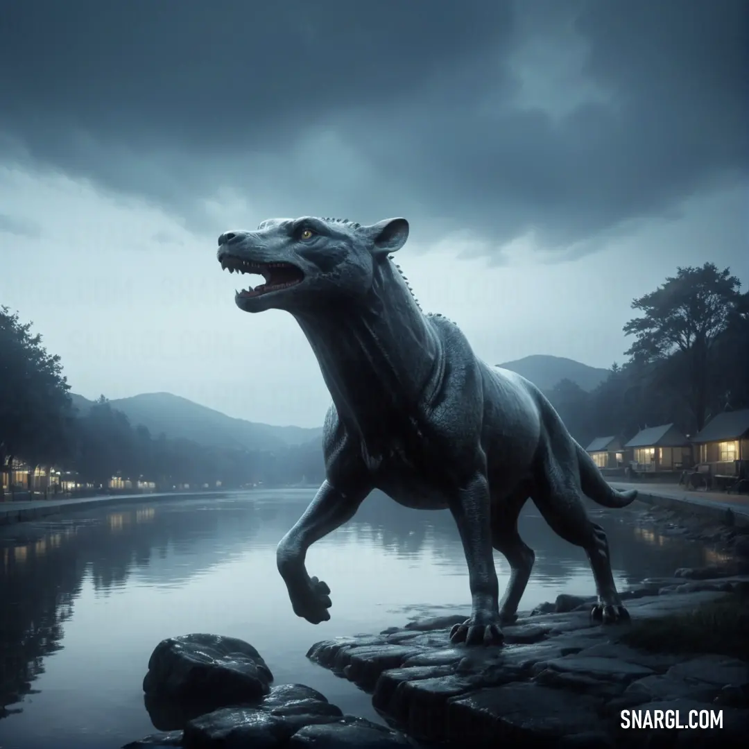 Statue of a Agathaum on a rock near a body of water with a dark sky in the background