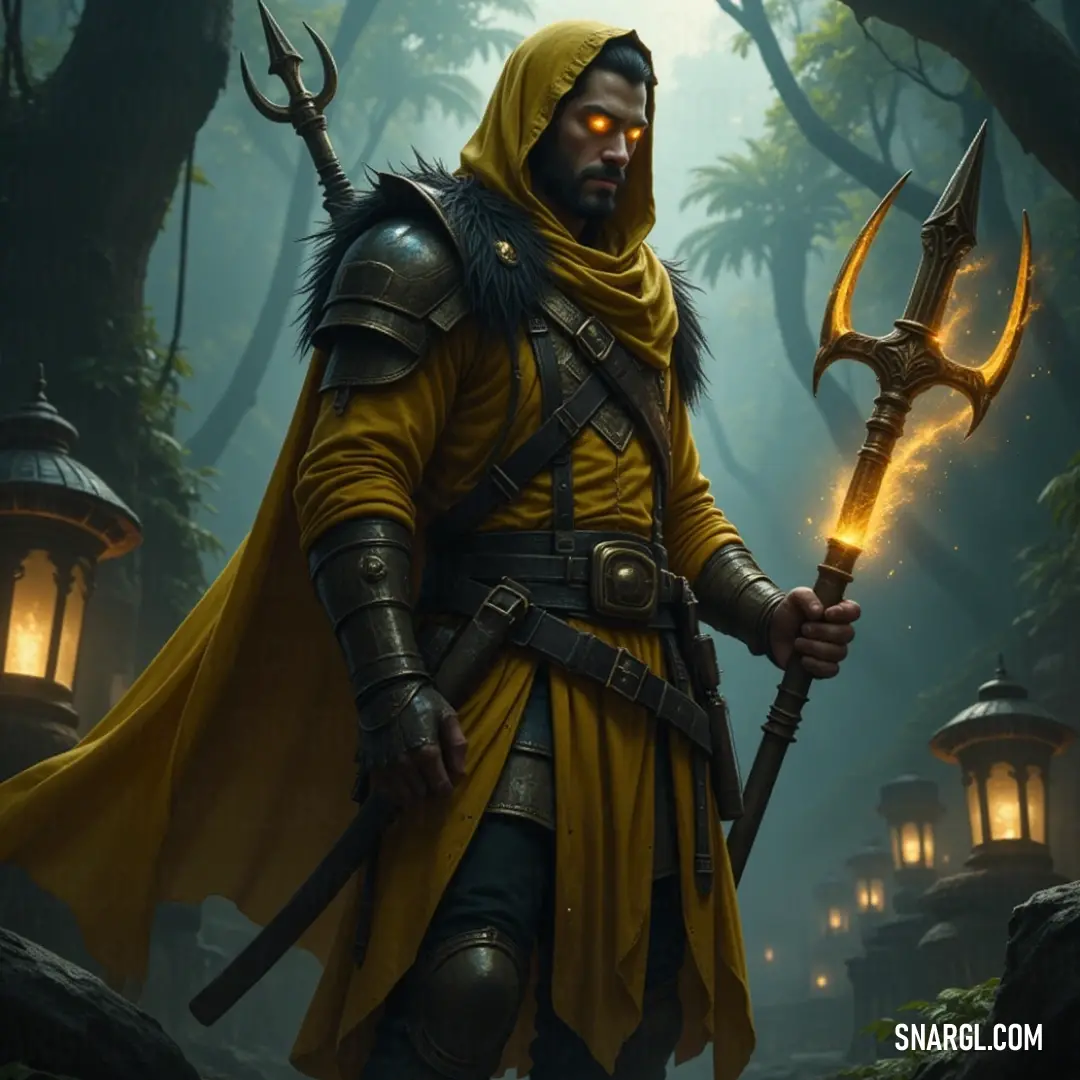 A mysterious figure in yellow showcases a large hammer and glowing sword amidst a captivating forest, where lanterns illuminate the path of an impending adventure. An enigmatic figure dressed in a vibrant yellow outfit stands amidst a mystical forest, wielding a large hammer in one hand and a glowing sword in the other, surrounded by lanterns that cast a warm glow on the scene, hinting at a hidden adventure.